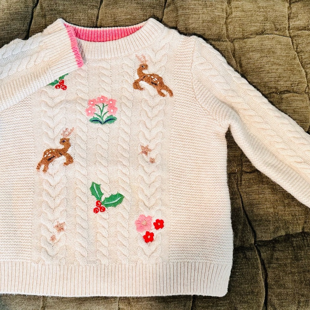 Mini Boden Sweater with Embroidered Deer and Flowers